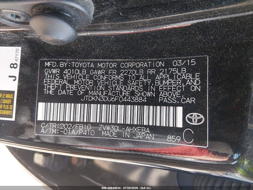 2015 Toyota Prius VIN JTDKN3DU6F0443884 IAAI salvage auction — FRONT END, Clear (Massachusetts), sold $2,250 on 2026-07-25 (photo 9)