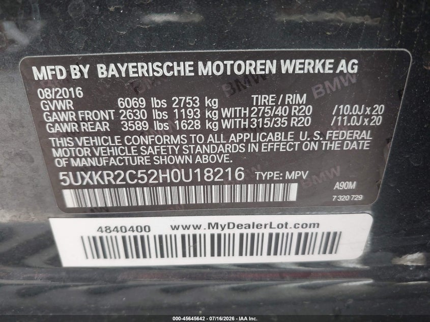 2017 BMW X5 VIN 5UXKR2C52H0U18216 IAAI salvage auction — NORMAL WEAR, Original (Texas), sold $2,550 on 2026-07-29 (photo 9)