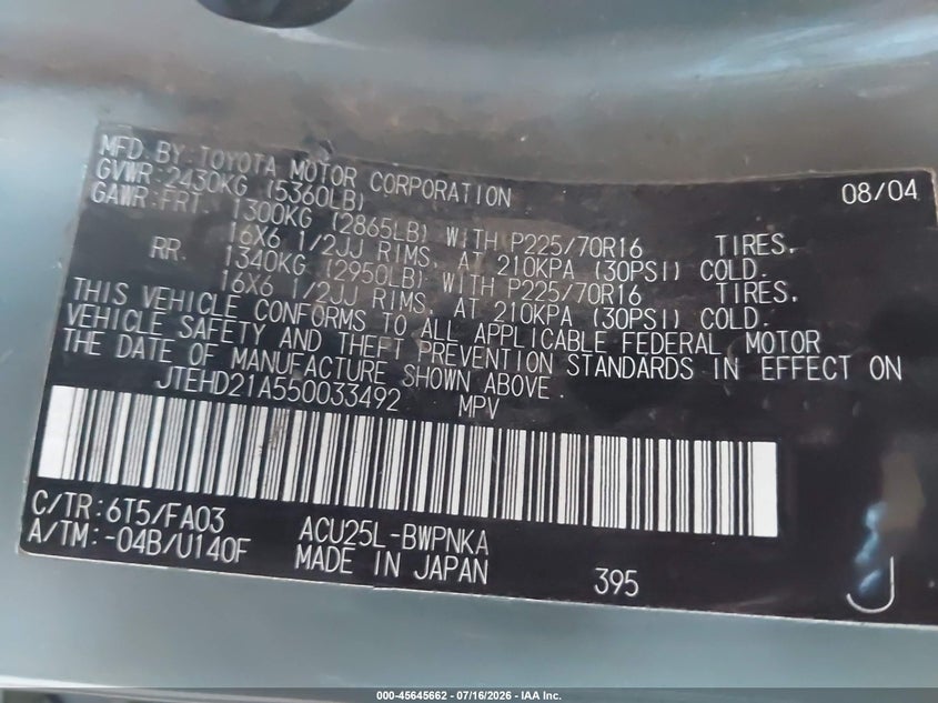 2005 Toyota Highlander VIN JTEHD21A550033492 IAAI salvage auction — NORMAL WEAR, Clear - Dealer Only (California), sold $500 on 2026-07-28 (photo 9)