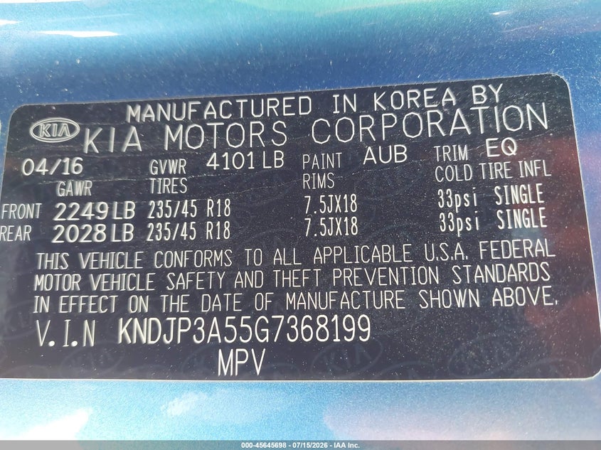2016 Kia Soul VIN KNDJP3A55G7368199 IAAI salvage auction — NORMAL WEAR, Clear - Dealer Only (California), sold $375 on 2026-07-28 (photo 9)