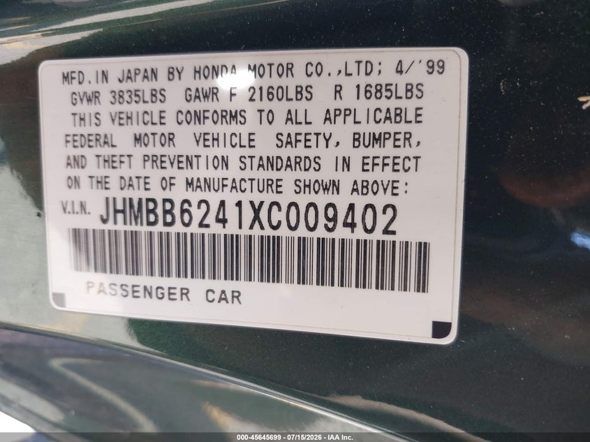 1999 Honda Prelude VIN JHMBB6241XC009402 IAAI salvage auction — NORMAL WEAR, Salvage Title, sold $100 on 2026-07-21 (photo 9)