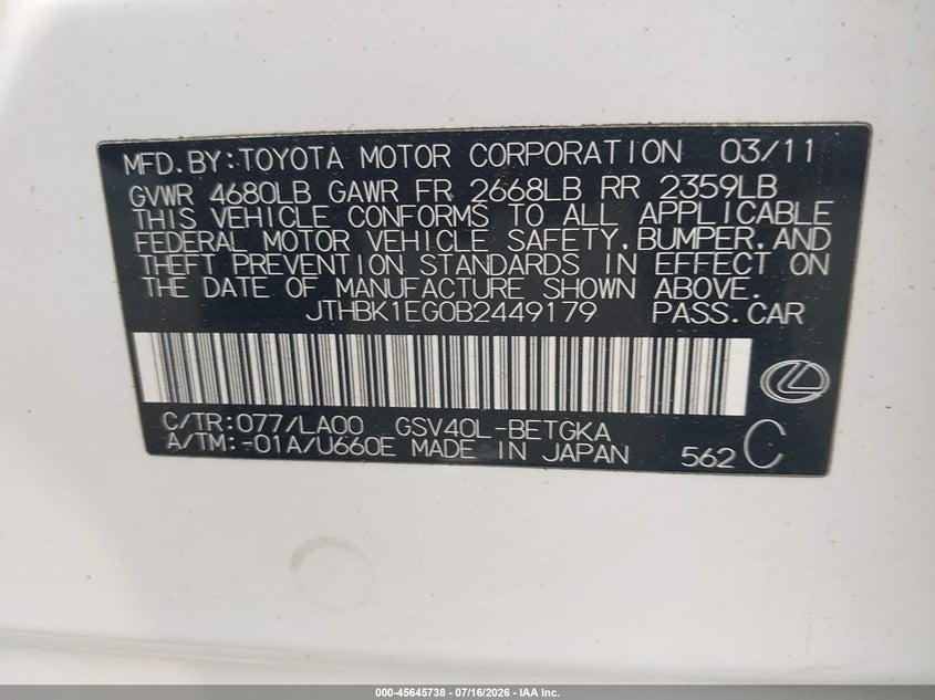 2011 Lexus Es 350 VIN JTHBK1EG0B2449179 IAAI salvage auction — NORMAL WEAR, Clear (New Jersey), sold $775 on 2026-07-27 (photo 9)