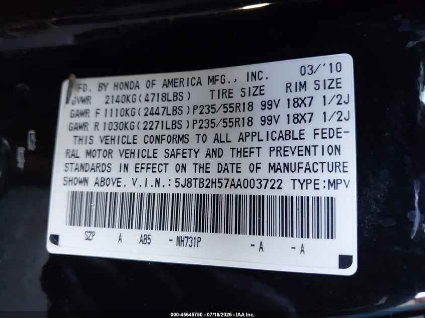 2010 Acura Rdx VIN 5J8TB2H57AA003722 IAAI salvage auction — RIGHT SIDE, Clear - Dealer Only (California), sold $1,575 on 2026-08-01 (photo 9)