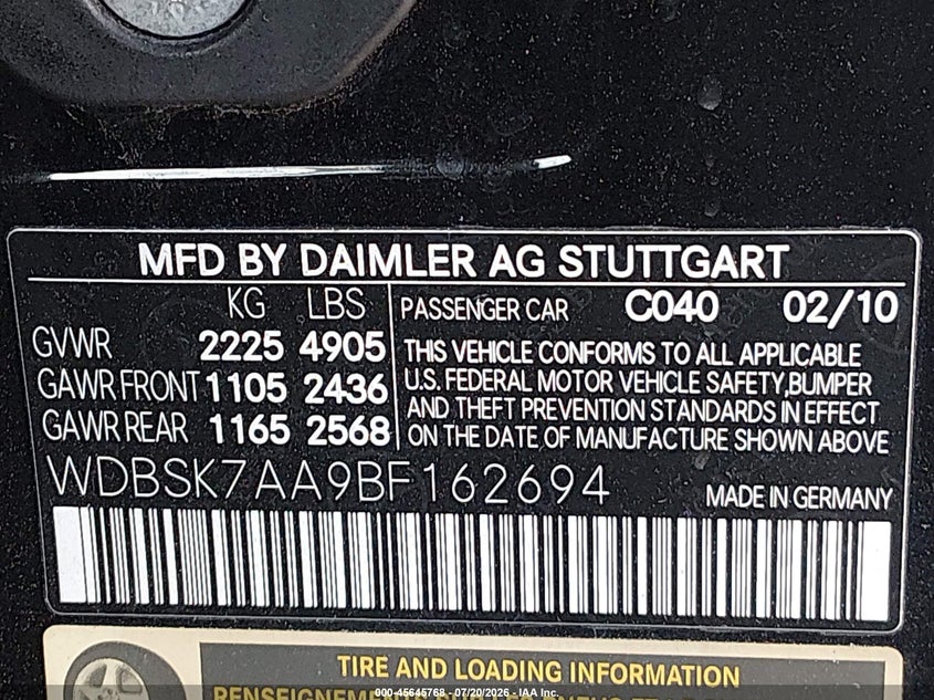 2011 Mercedes-benz Sl-class VIN WDBSK7AA9BF162694 IAAI salvage auction — NORMAL WEAR, Clear (Florida), sold $10,200 on 2026-07-28 (photo 9)