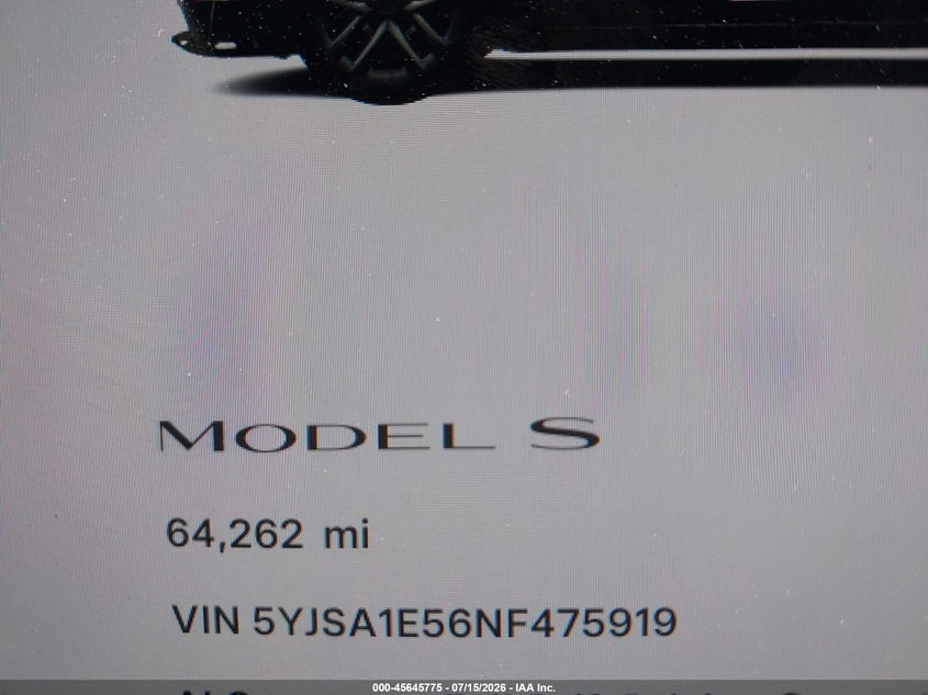2022 Tesla Model s VIN 5YJSA1E56NF475919 IAAI salvage auction — NORMAL WEAR, Non-Repairable (California), sold $1,550 on 2026-07-27 (photo 7)