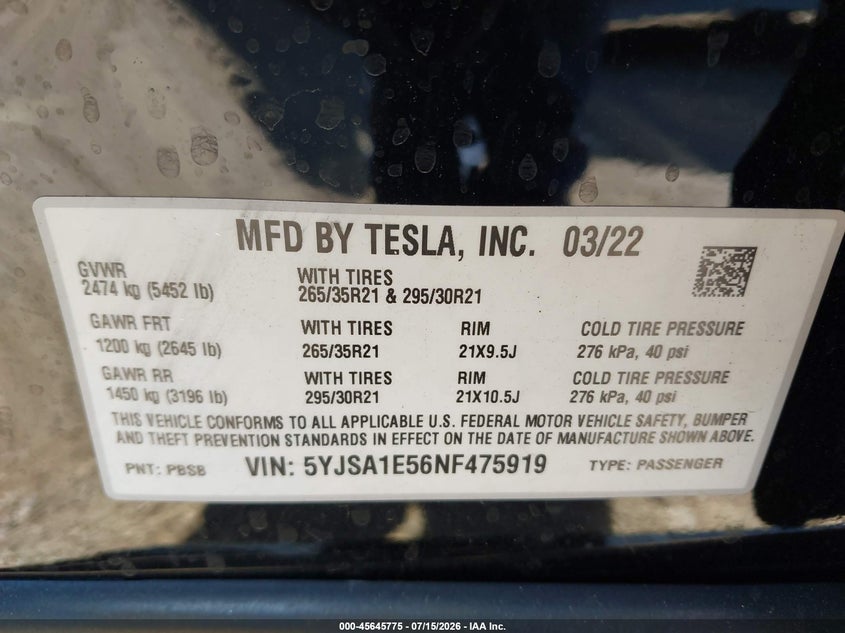 2022 Tesla Model s VIN 5YJSA1E56NF475919 IAAI salvage auction — NORMAL WEAR, Non-Repairable (California), sold $1,550 on 2026-07-27 (photo 9)