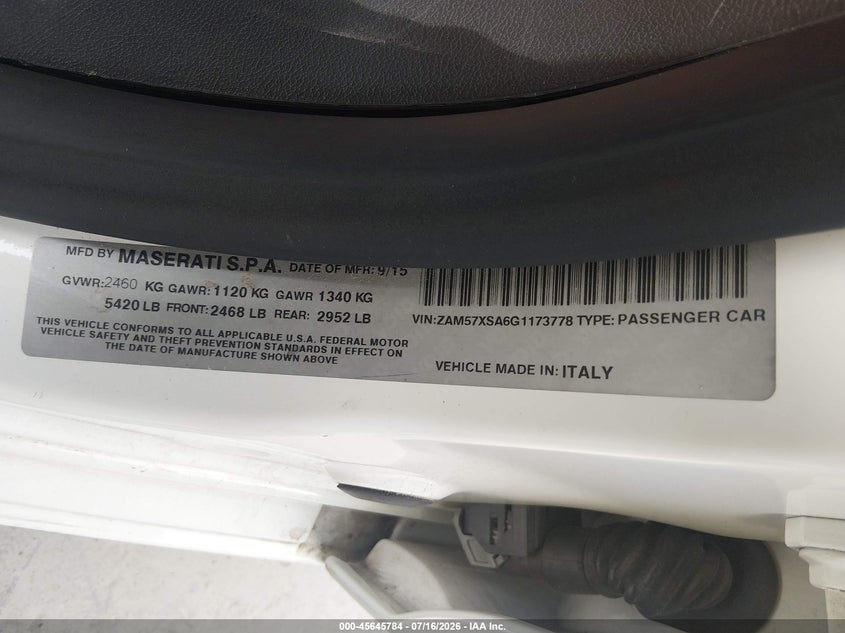 2016 Maserati Ghibli VIN ZAM57XSA6G1173778 IAAI salvage auction — NORMAL WEAR, Original (Texas), sold $5,100 on 2026-08-03 (photo 9)