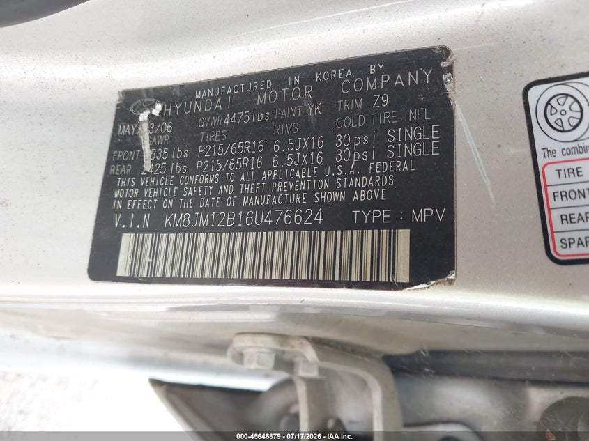 2006 Hyundai Tucson VIN KM8JM12B16U476624 IAAI salvage auction — NORMAL WEAR, Original (Texas), sold $225 on 2026-07-28 (photo 9)