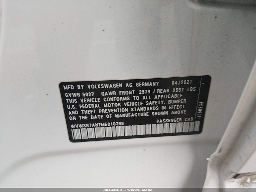 2021 Volkswagen Arteon VIN WVWSR7AN7ME010759 IAAI salvage auction — SIDE, Salvage Title, sold $9,700 on 2026-08-10 (photo 9)