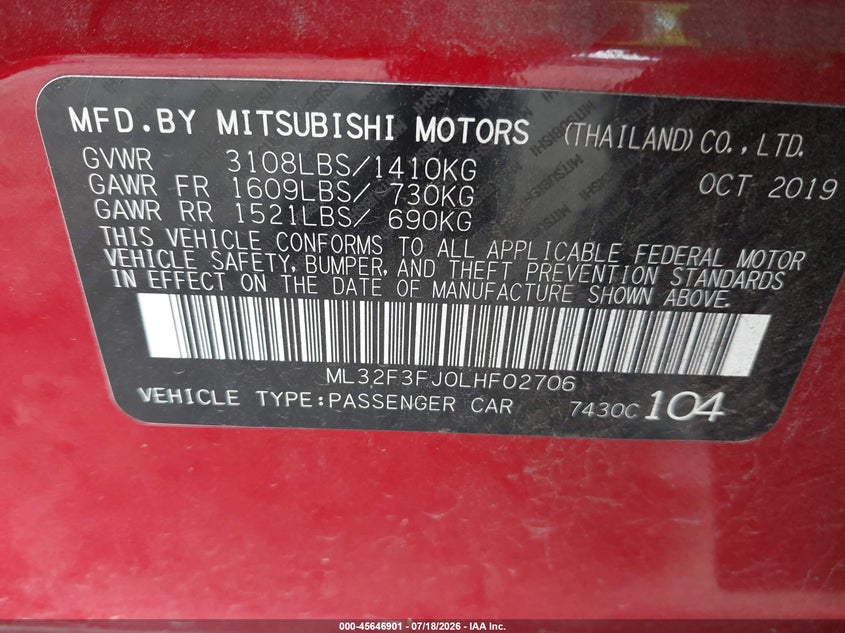 2020 Mitsubishi Mirage VIN ML32F3FJ0LHF02706 IAAI salvage auction — REAR END, Salvage Title, sold $1,350 on 2026-08-27 (photo 9)