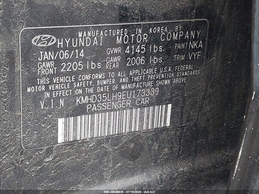 2014 Hyundai Elantra VIN KMHD35LH9EU173339 IAAI salvage auction — NORMAL WEAR, Clear (New Jersey), sold $1,350 on 2026-07-20 (photo 9)