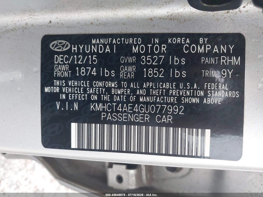 2016 Hyundai Accent VIN KMHCT4AE4GU077992 IAAI salvage auction — RIGHT SIDE, Clear (Florida), sold $1,225 on 2026-07-24 (photo 9)
