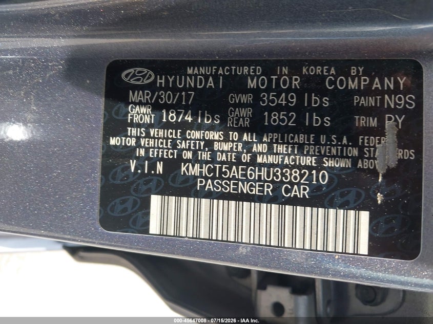 2017 Hyundai Accent VIN KMHCT5AE6HU338210 IAAI salvage auction — NORMAL WEAR, Clear (Georgia), sold $1,150 on 2026-07-22 (photo 9)