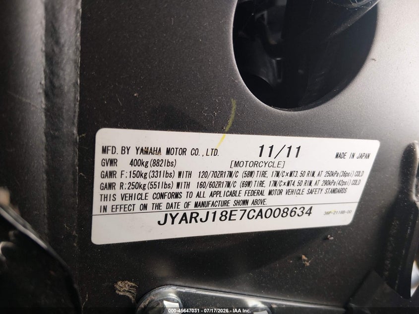2012 Yamaha Fz VIN JYARJ18E7CA008634 IAAI salvage auction — NORMAL WEAR, Clear (Missouri), sold $575 on 2026-07-28 (photo 9)