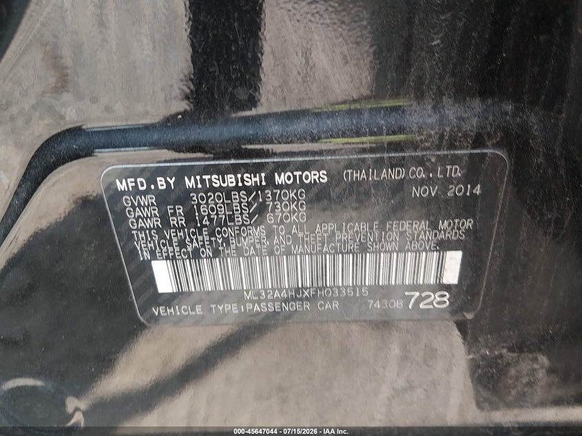 2015 Mitsubishi Mirage VIN ML32A4HJXFH033515 IAAI salvage auction — NORMAL WEAR, Clear (New Jersey), sold $25 on 2026-07-21 (photo 9)
