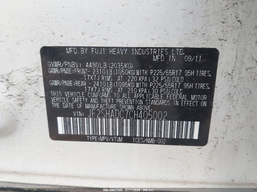 2012 Subaru Forester VIN JF2SHADC7CH405002 IAAI salvage auction — NORMAL WEAR, Clear (New Jersey), sold $25 on 2026-07-22 (photo 9)