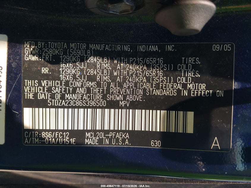 2006 Toyota Sienna VIN 5TDZA23C86S396500 IAAI salvage auction — NORMAL WEAR, Clear (Maryland), sold $600 on 2026-07-23 (photo 9)