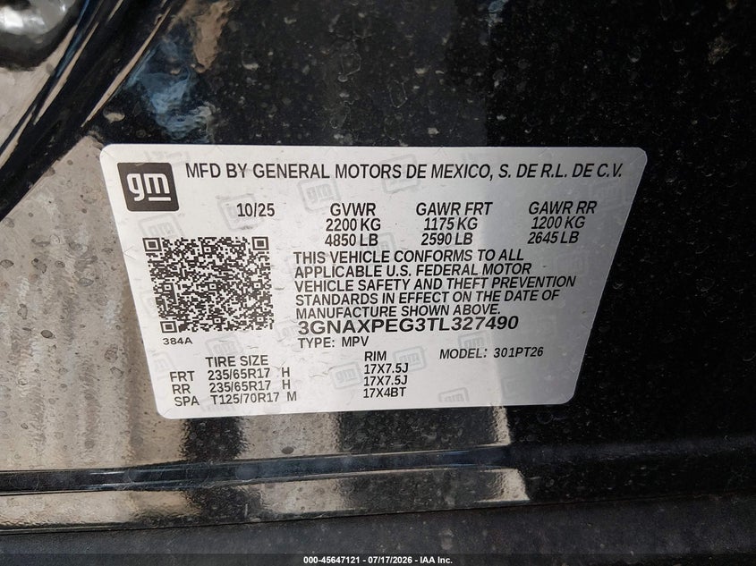 2026 Chevrolet Equinox VIN 3GNAXPEG3TL327490 IAAI salvage auction — HAIL, Clear (Colorado), sold $11,500 on 2026-07-29 (photo 9)