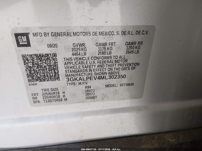 2021 Gmc Terrain VIN 3GKALPEV4ML302350 IAAI salvage auction — FRONT END, Salvage Title, sold $3,000 on 2026-08-22 (photo 9)