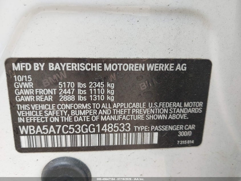 2016 BMW 5er VIN WBA5A7C53GG148533 IAAI salvage auction — FRONT END, Salvage (Pennsylvania), sold $2,050 on 2026-08-07 (photo 9)