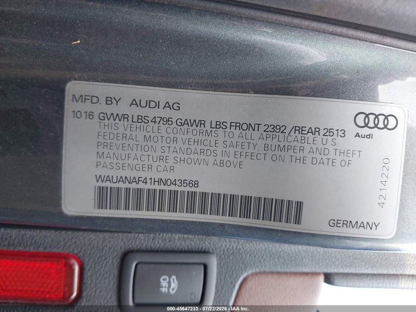 2017 Audi A4 VIN WAUANAF41HN043568 IAAI salvage auction — FRONT & REAR, Salvage Title, sold $1,450 on 2026-09-11 (photo 9)