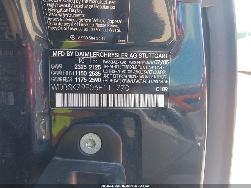 2006 Mercedes-benz Sl-class VIN WDBSK79F06F111770 IAAI salvage auction — NORMAL WEAR, Clear (Indiana), sold $6,000 on 2026-08-11 (photo 9)