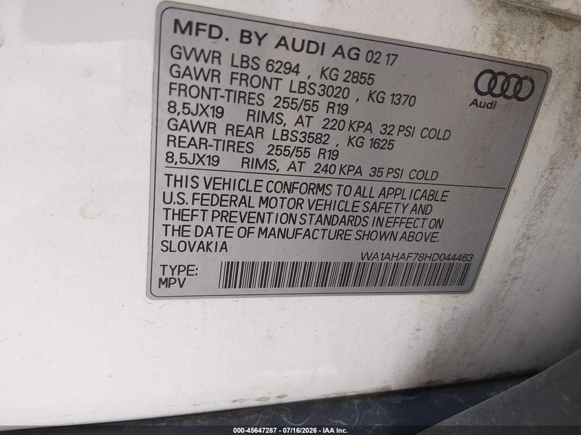 2017 Audi Q7 VIN WA1AHAF78HD044463 IAAI salvage auction — NORMAL WEAR, Clear (Illinois), sold $475 on 2026-07-28 (photo 9)