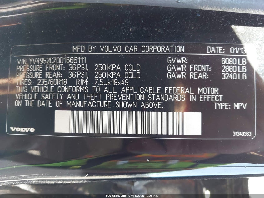 2013 Volvo Xc90 VIN YV4952CZ0D1666111 IAAI salvage auction — SIDE, Salvage (California), sold $550 on 2026-08-05 (photo 9)
