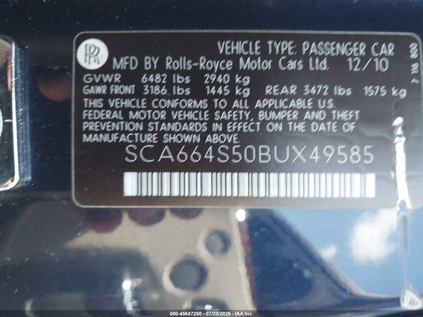 2011 Rolls-royce Ghost VIN SCA664S50BUX49585 IAAI salvage auction — LEFT FRONT, Salvage (Georgia), sold $41,500 on 2026-09-02 (photo 9)