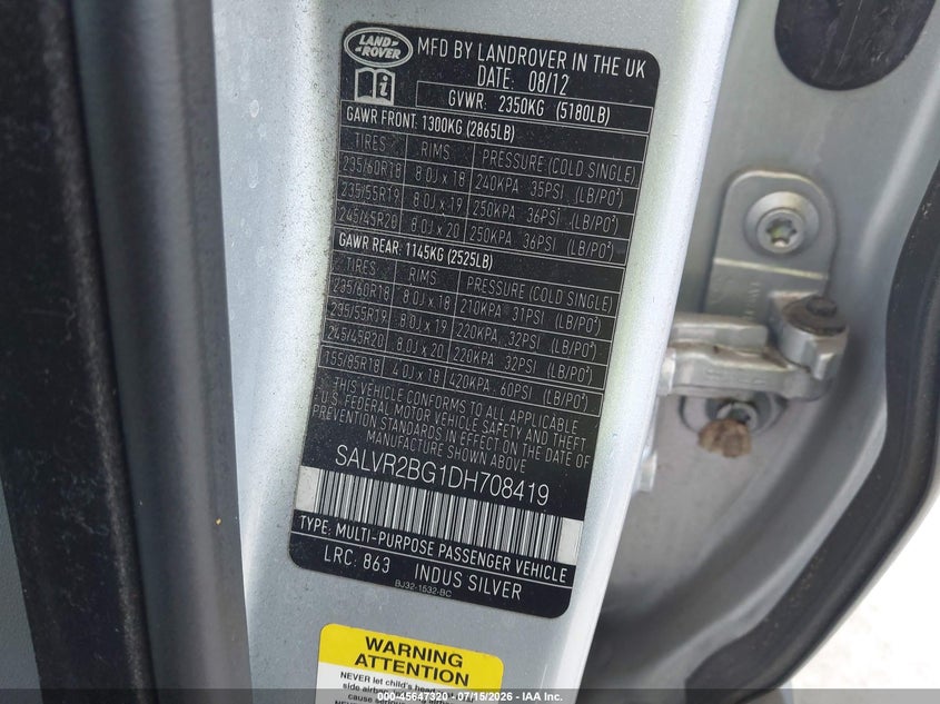 2013 Land rover Range rover evoque VIN SALVR2BG1DH708419 IAAI salvage auction — NORMAL WEAR, Clear (Florida), sold $25 on 2026-07-28 (photo 9)