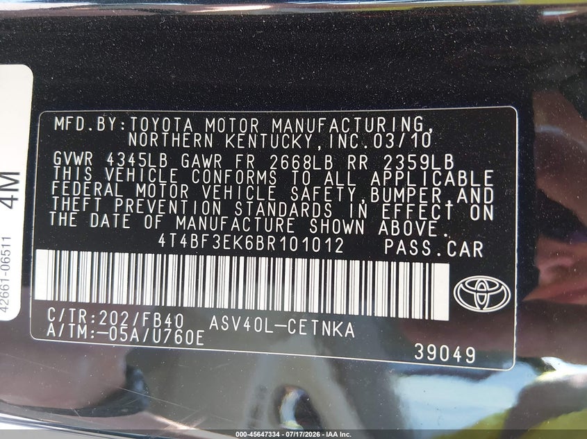 2011 Toyota Camry VIN 4T4BF3EK6BR101012 IAAI salvage auction — REAR END, Certificate Of Title (Nebraska), sold $2,150 on 2026-08-01 (photo 9)