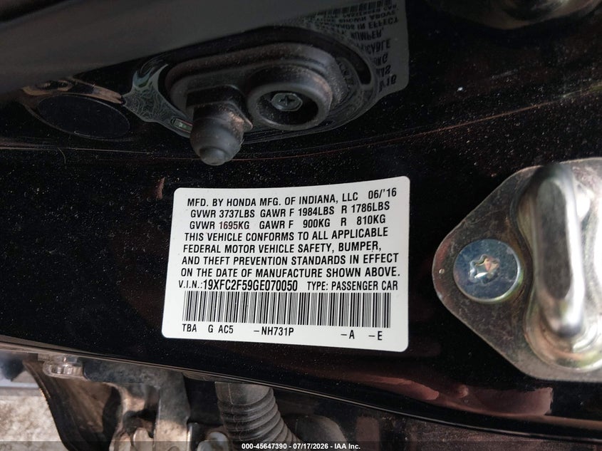 2016 Honda Civic VIN 19XFC2F59GE070050 IAAI salvage auction — REAR END, Salvage Title, sold $2,900 on 2026-08-07 (photo 9)