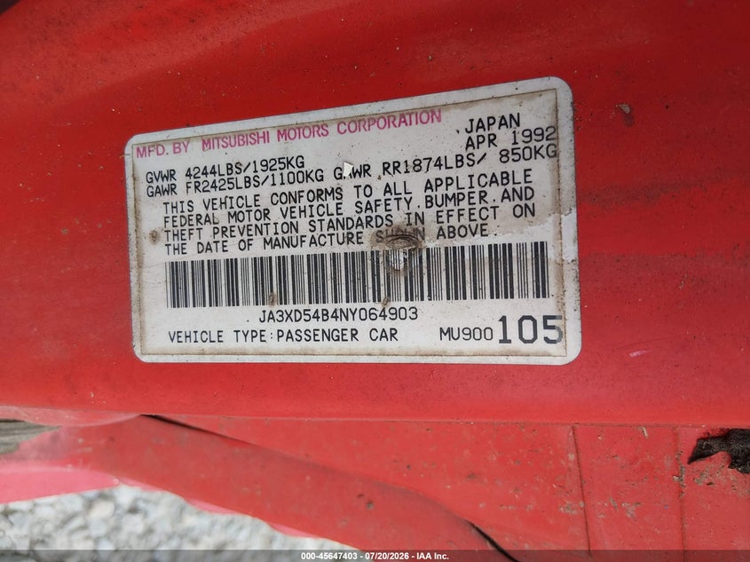 1992 Mitsubishi 3000 gt VIN JA3XD54B4NY064903 IAAI salvage auction — NORMAL WEAR, Clear (Indiana), sold $25 on 2026-07-29 (photo 9)