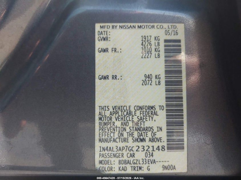 2016 Nissan Altima VIN 1N4AL3AP7GC232148 IAAI salvage auction — FRONT END, Salvage (California), sold $825 on 2026-07-29 (photo 9)