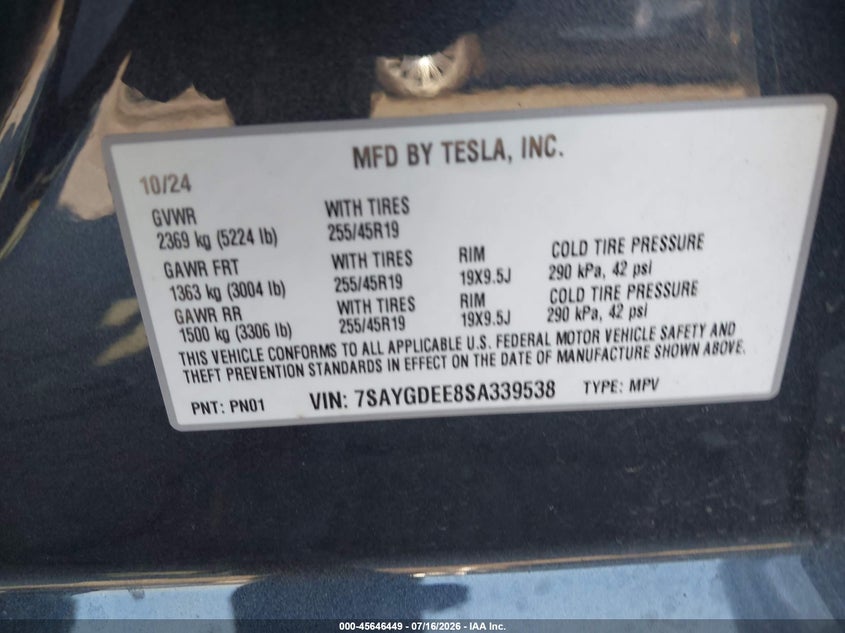 2025 Tesla Model y VIN 7SAYGDEE8SA339538 IAAI salvage auction — RIGHT FRONT, Certificate Of Destruction (Florida), sold $10,200 on 2026-09-06 (photo 9)