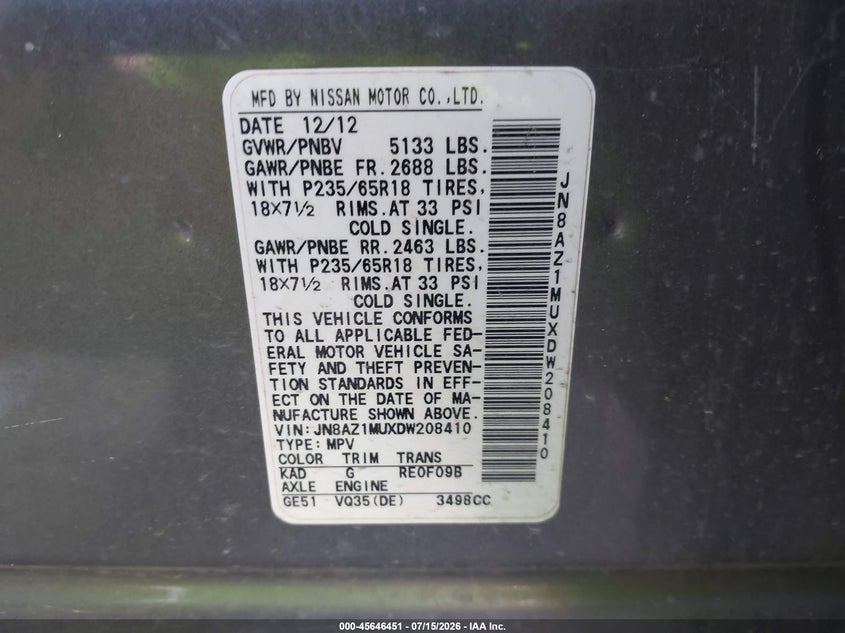 2013 Nissan Murano VIN JN8AZ1MUXDW208410 IAAI salvage auction — NORMAL WEAR, Clear - Public Restricted (Oklahoma), sold $425 on 2026-07-28 (photo 9)