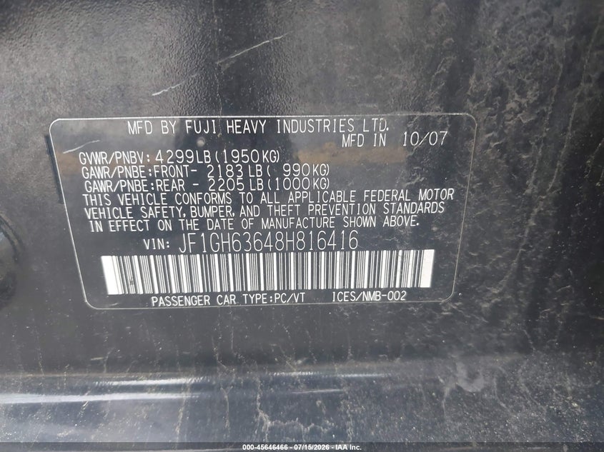 2008 Subaru Impreza VIN JF1GH63648H816416 IAAI salvage auction — NORMAL WEAR, Clear (Michigan), sold $525 on 2026-07-20 (photo 9)