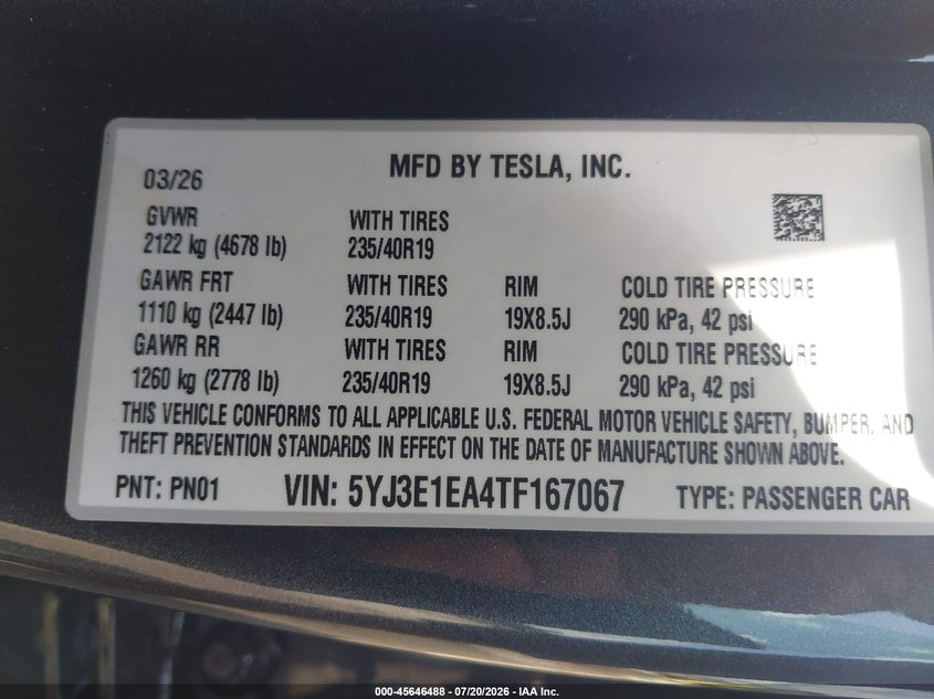 2026 Tesla Model 3 VIN 5YJ3E1EA4TF167067 IAAI salvage auction — LEFT REAR, Rebuildable (Florida), sold $14,500 on 2026-09-08 (photo 9)