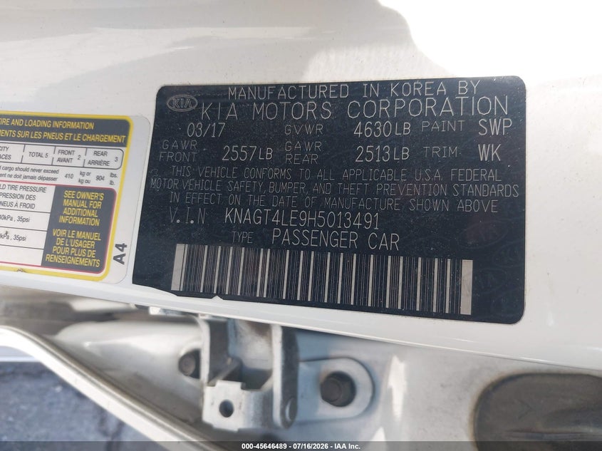 2017 Kia Optima VIN KNAGT4LE9H5013491 IAAI salvage auction — LEFT REAR, Salvage (Arizona), sold $525 on 2026-07-28 (photo 9)