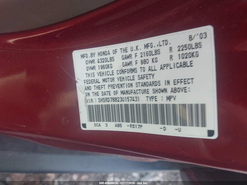 2003 Honda Cr-v VIN SHSRD78823U157431 IAAI salvage auction — NORMAL WEAR, Clear (Tennessee), sold $400 on 2026-07-23 (photo 9)