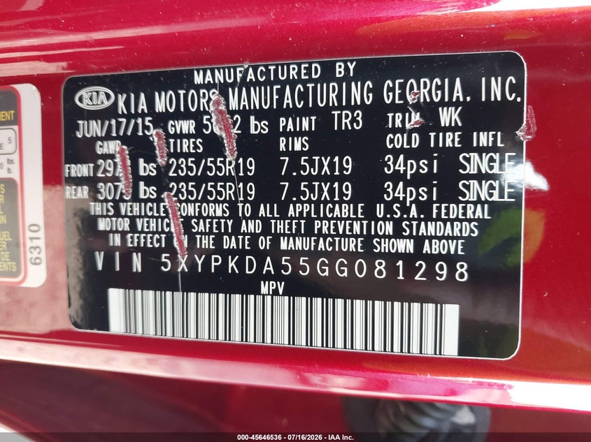 2016 Kia Sorento VIN 5XYPKDA55GG081298 IAAI salvage auction — RIGHT FRONT, Wait Title, sold $3,650 on 2026-08-23 (photo 9)