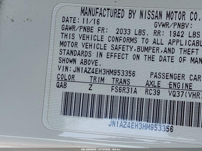 2017 Nissan 370z VIN JN1AZ4EH3HM953356 IAAI salvage auction — UNKNOWN, Clear (New York), sold $9,300 on 2026-07-28 (photo 9)