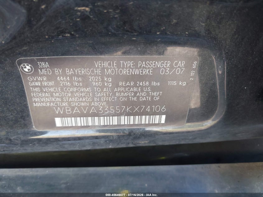 2007 BMW 3 series VIN WBAVA33557KX74106 IAAI salvage auction — LEFT SIDE, Salvage (Idaho), sold $300 on 2026-08-04 (photo 9)