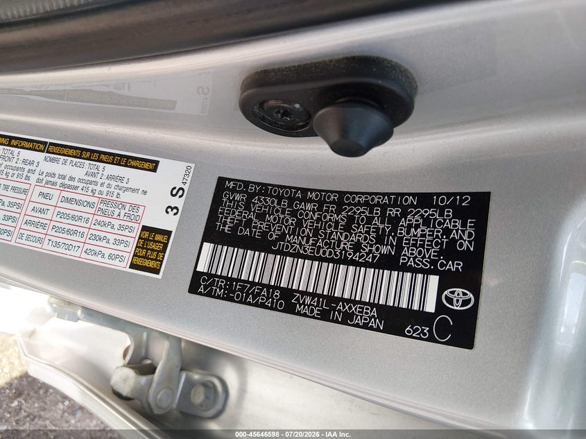 2013 Toyota Prius v VIN JTDZN3EU0D3194247 IAAI salvage auction — NORMAL WEAR, Regular Certificate (Iowa), sold $2,500 on 2026-07-29 (photo 9)