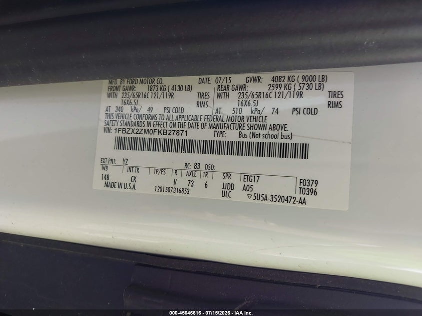 2015 Ford Transit-350 VIN 1FBZX2ZM0FKB27871 IAAI salvage auction — NORMAL WEAR, Sf97 (Virginia), sold $22,850 on 2026-07-22 (photo 9)