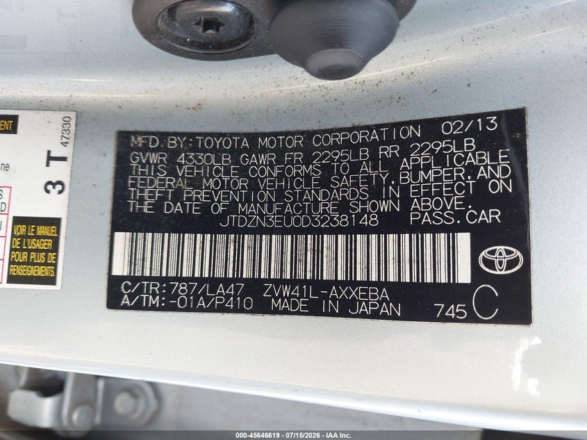 2013 Toyota Prius v VIN JTDZN3EU0D3238148 IAAI salvage auction — LEFT FRONT, Clear (Virginia), sold $25 on 2026-07-24 (photo 9)