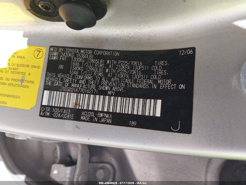 2007 Toyota Highlander VIN JTEGD21A770162171 IAAI salvage auction — RIGHT FRONT, Salvage (Louisiana), sold $1,100 on 2026-08-01 (photo 9)