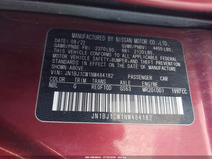 2022 Nissan Rogue VIN JN1BJ1CW1NW484182 IAAI salvage auction — FRONT & REAR, Mv-907A (New York), sold $3,500 on 2026-07-31 (photo 9)
