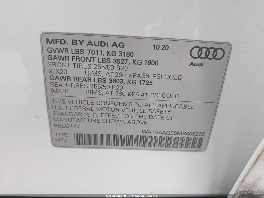 2021 Audi E-tron VIN WA1AAAGE6MB008200 IAAI salvage auction — FRONT END, Wait Title, sold $10,300 on 2026-09-05 (photo 9)