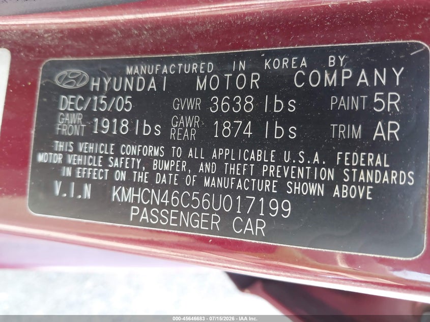 2006 Hyundai Accent VIN KMHCN46C56U017199 IAAI salvage auction — NORMAL WEAR, Clear (Pennsylvania), sold $700 on 2026-07-31 (photo 9)